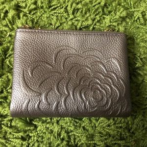 Metallic vegan leather zipper wallet w/ flower